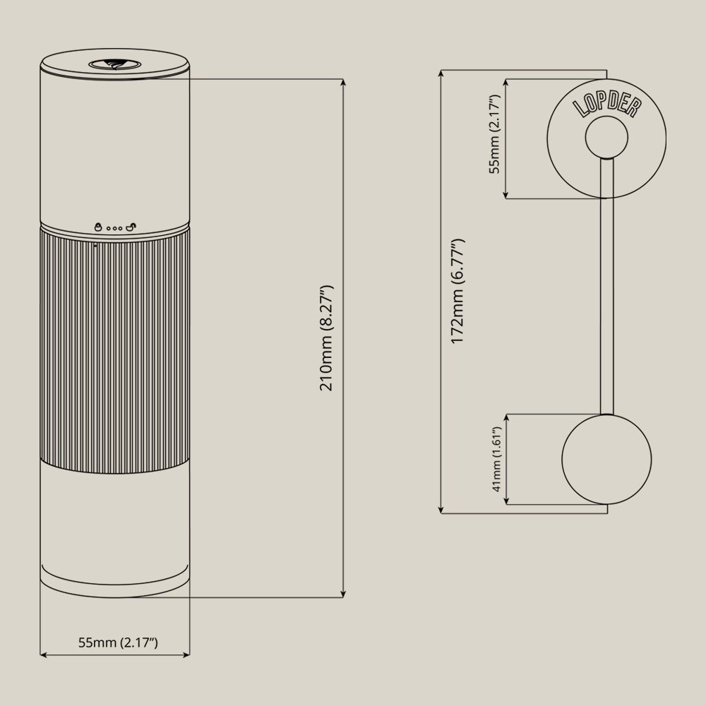 Technical dimensions of the Lopder MAXA hybrid coffee grinder