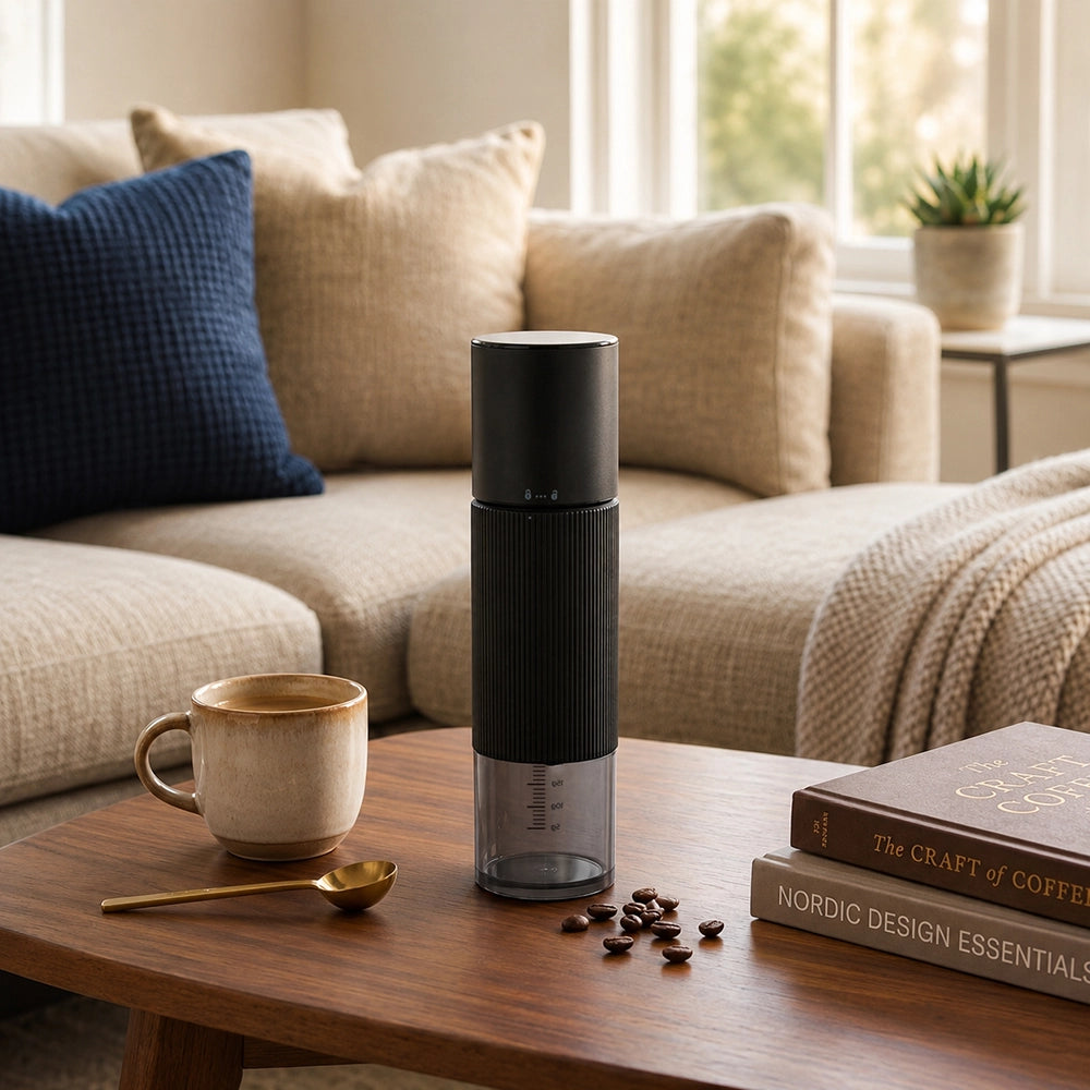 Lopder MAXA electric coffee grinder in a modern home brewing setup