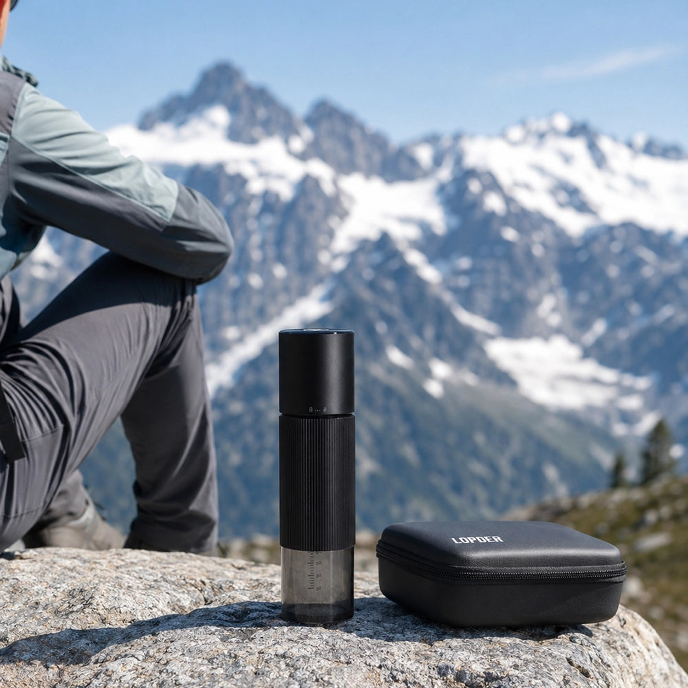 Lopder MAXA grinder and travel case prepared for a mountain coffee trip