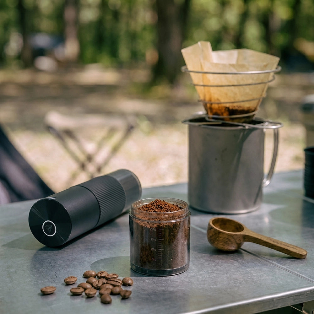 Lopder MAXA manual coffee grinder used for outdoor pour-over brewing