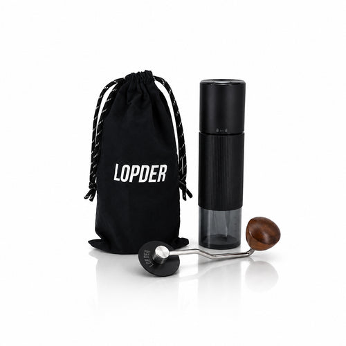 Lopder MAXA Standard Edition with hybrid grinder, electric module, walnut hand crank, and storage bag