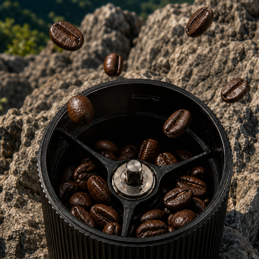 Coffee beans inside the Lopder MAXA grinder chamber