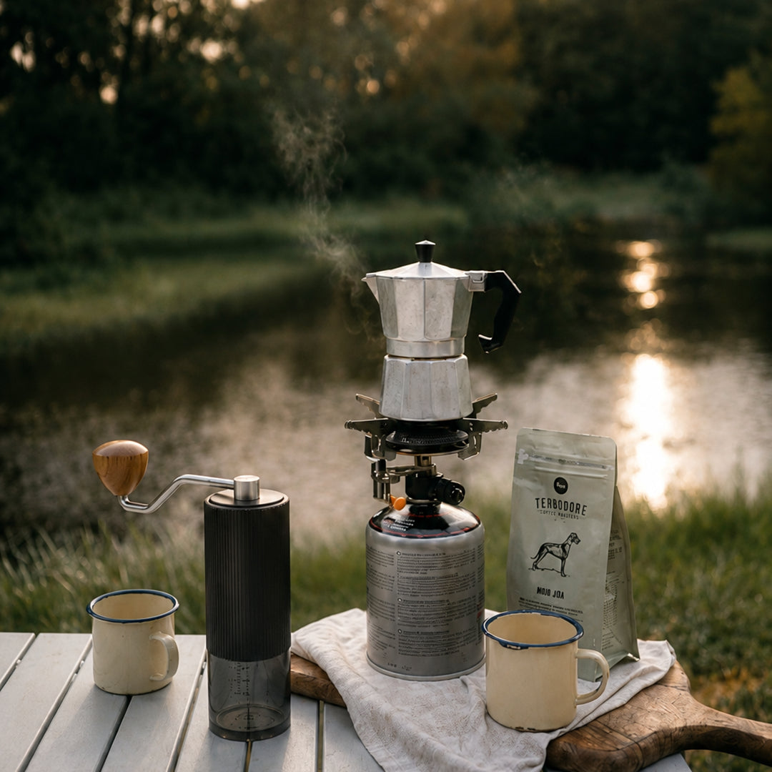 Lopder MAXA used beside a moka pot during an off-grid coffee brew